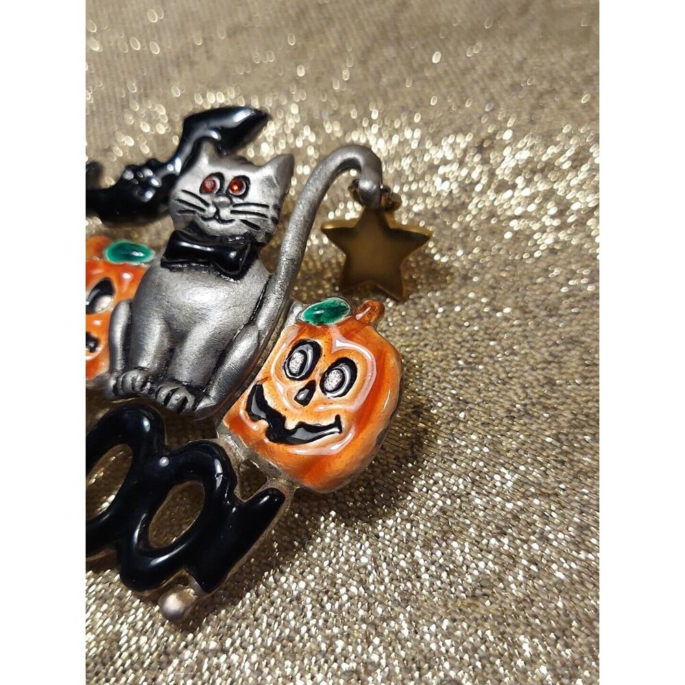 Vintage AJMC Large Halloween Cat Jack O Lantern Bat Boo Enamel Pewter Brooch Pin - Picture 2 of 12